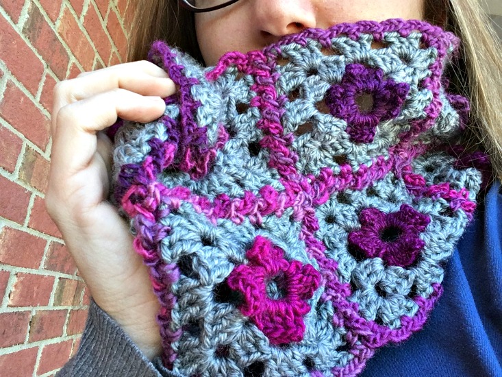 close up view of granny crochet cowl being worn