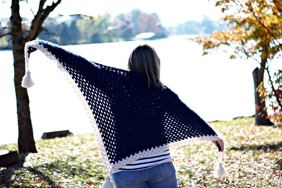 crochet shawl held out to see full width