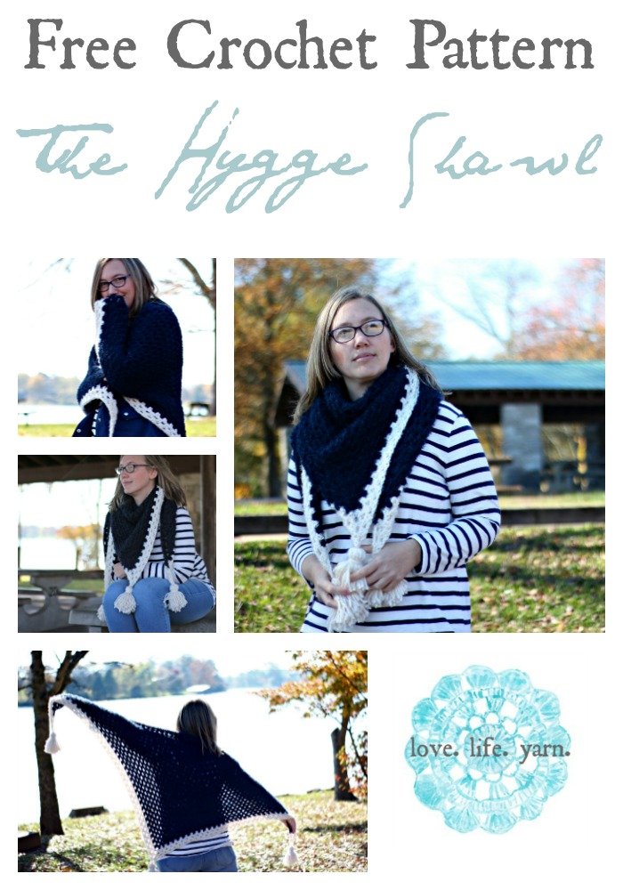 Pin collage of different views of the hygge shawl, a free crochet shawl pattern