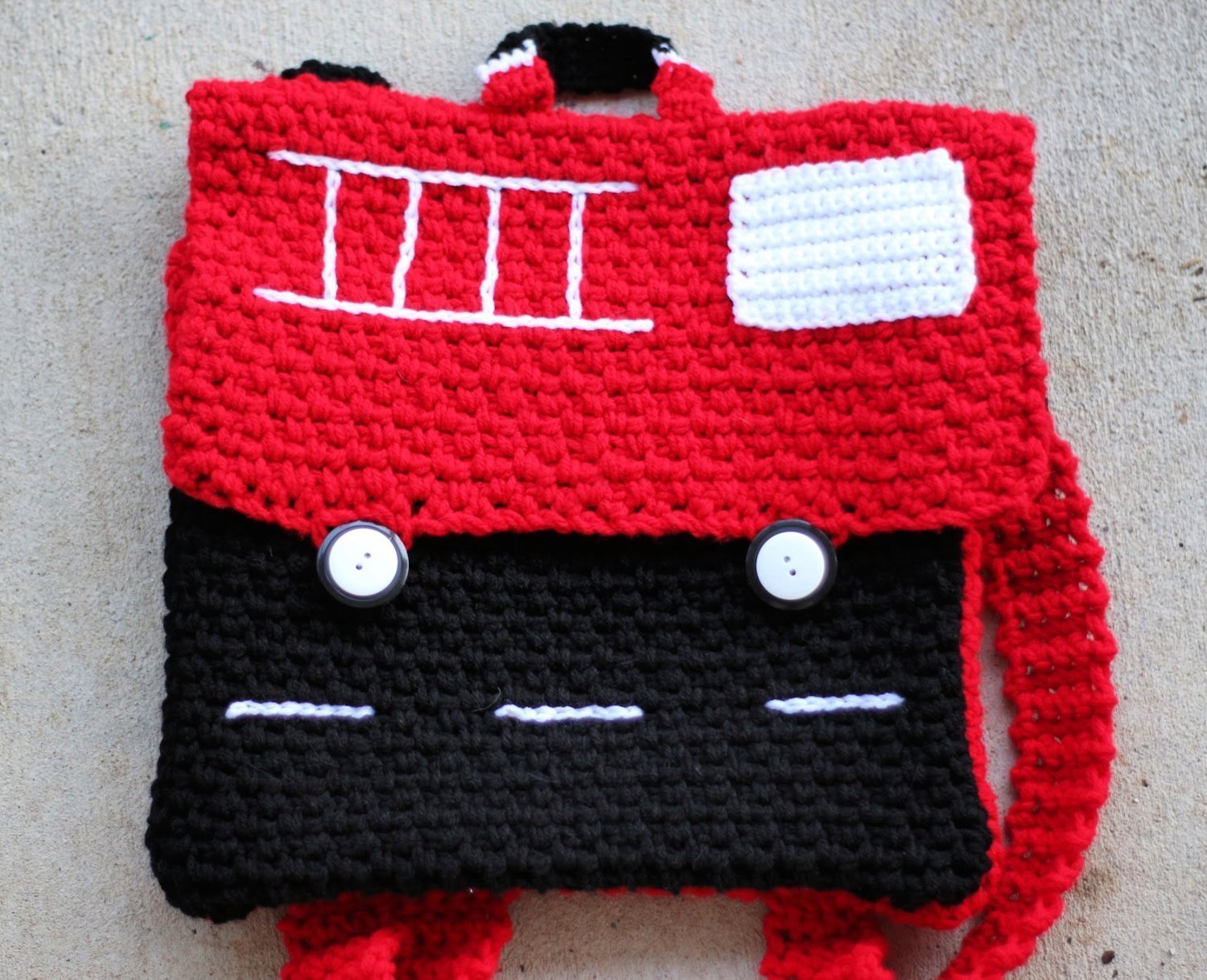 Free Crochet Pattern - learn how to crochet a fire truck backpack