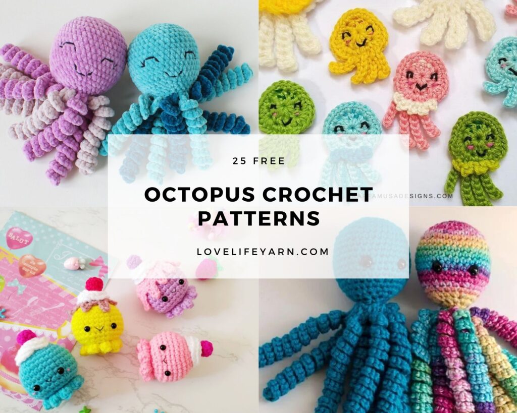 collage of crochet octopus pictures