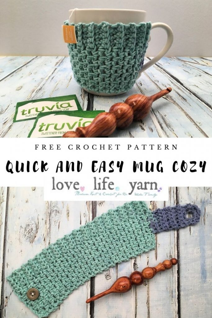 This is my absolute favorite mug cozy pattern!!  The texture is fantastic and I adore the ribbed top!  Can easily be customized to fit any size mug.  Free crochet pattern, too!