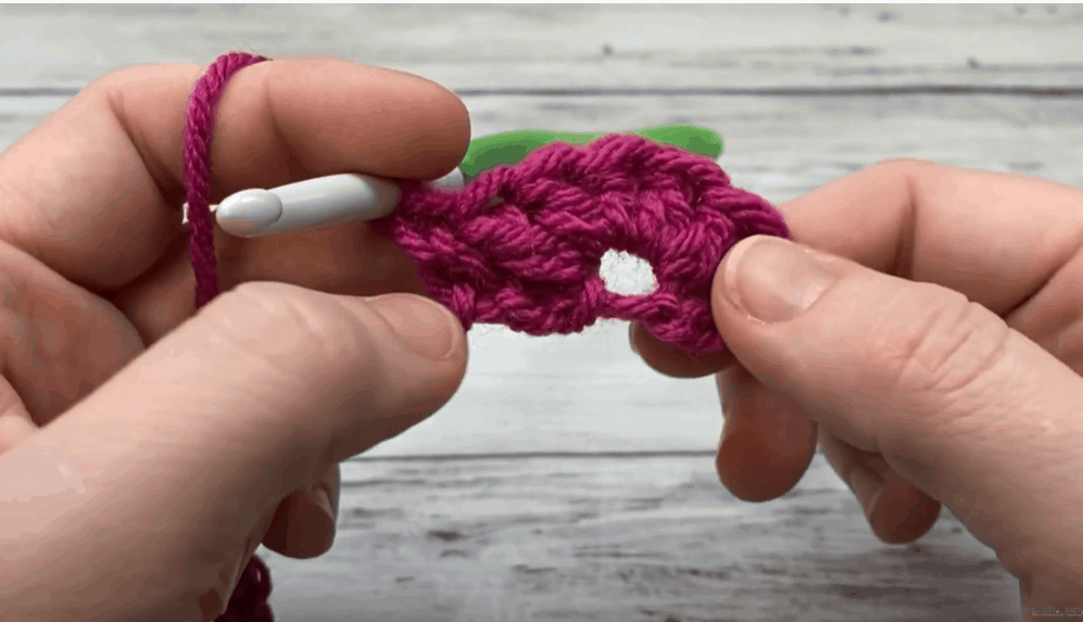 a hand doing Skip 2 chains, single crochet in next chain, skip 2 chains, double crochet 5 in next chain. Repeat to last 3 sts, skip 2 chains, single crochet in last chain. Turn.