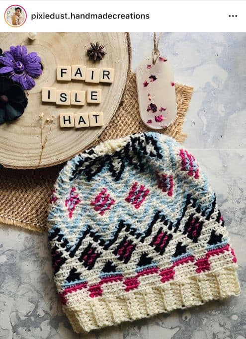 another version of the crochet fair isle beanie in cream, blue and pink