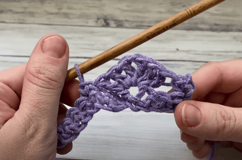 showing a shell stitch as part of the harlequin crochet stitch